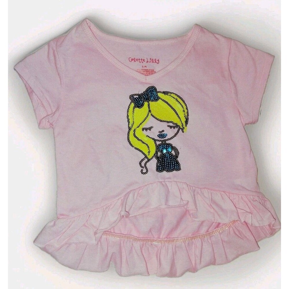 Girls Tee Shirt Colette Lily Pink Sequin Graphic Pullover Ruffle Size 4 Small